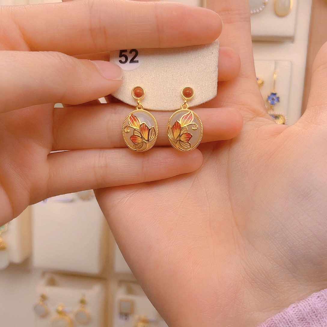 和田玉耳饰银S925镀金镶嵌