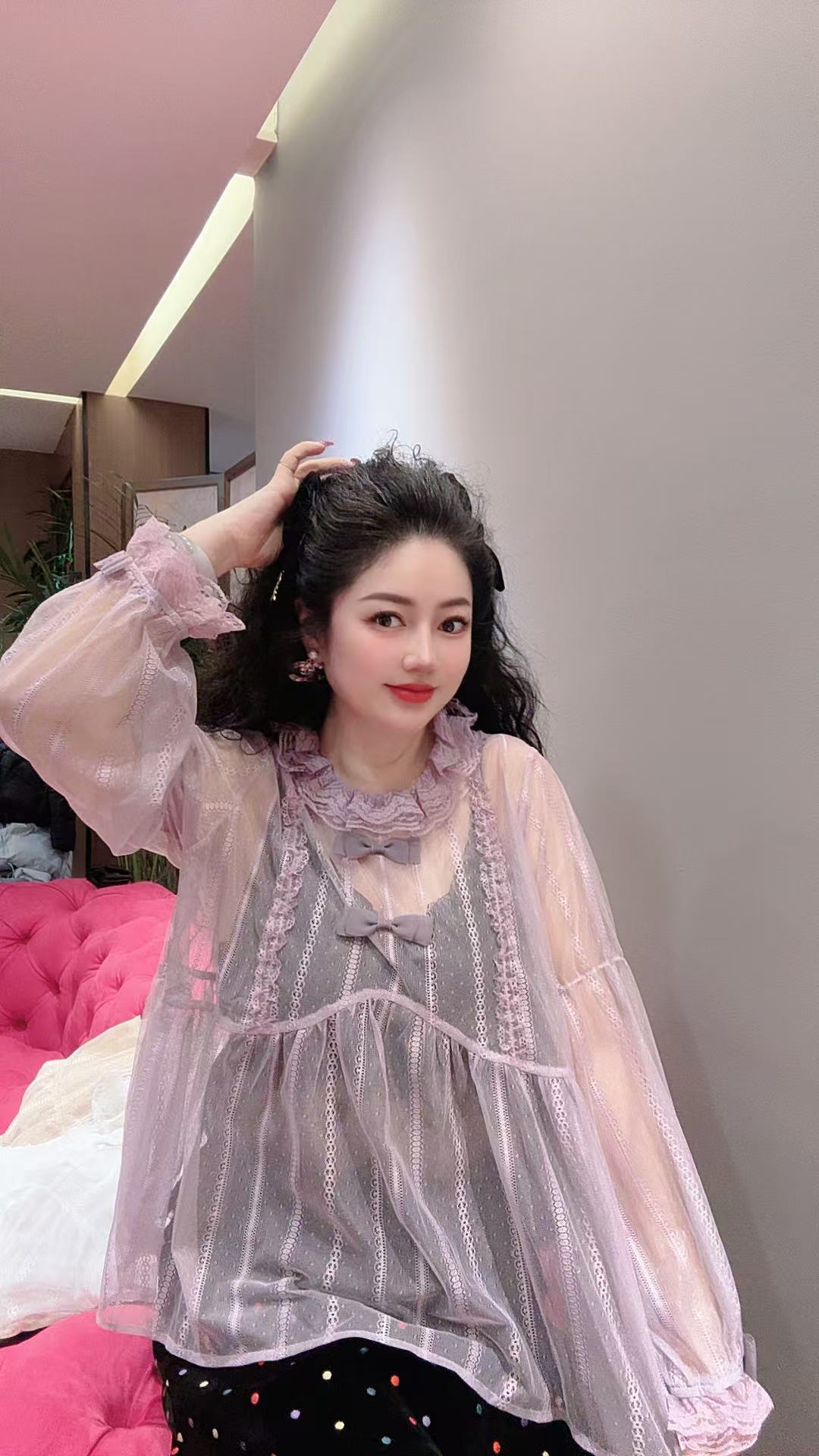 Chouduoduo蝴蝶结四季通用设计师宽松甜美拼接蕾丝小衫上衣长袖