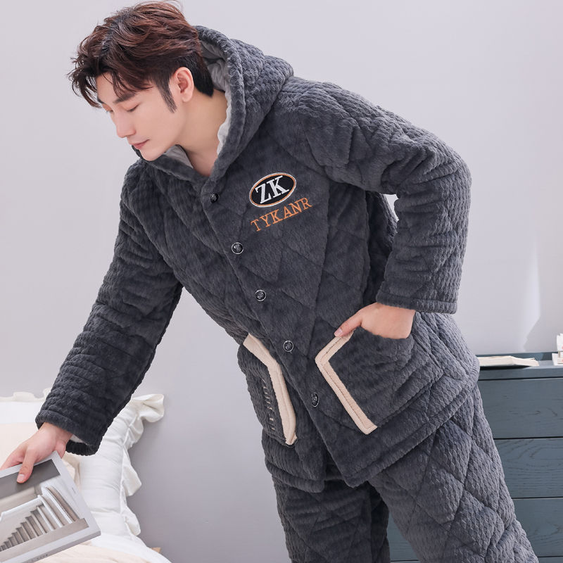 2025新款秋冬季天三层夹棉男士睡衣加绒加厚大码珊瑚绒家居服套装