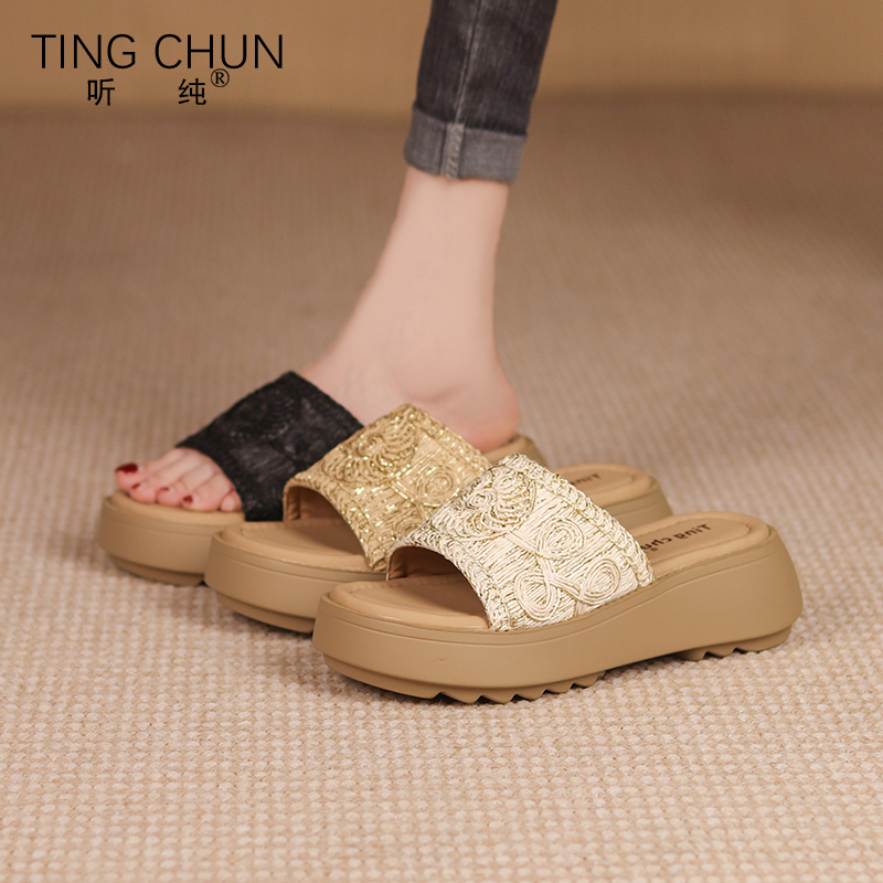 听纯18113夏季2025外穿流苏编织露趾拖鞋百搭平底休闲软底真皮鞋