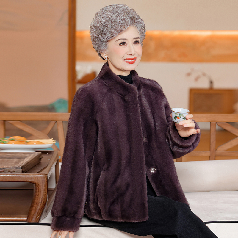 中老年人秋冬装外套女奶奶仿皮草妈妈纯色短款小个子老人衣服洋气