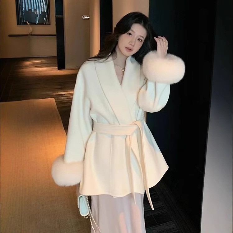 2024秋冬新款高级狐狸毛中长款毛呢大衣富家千金纯色毛呢外套