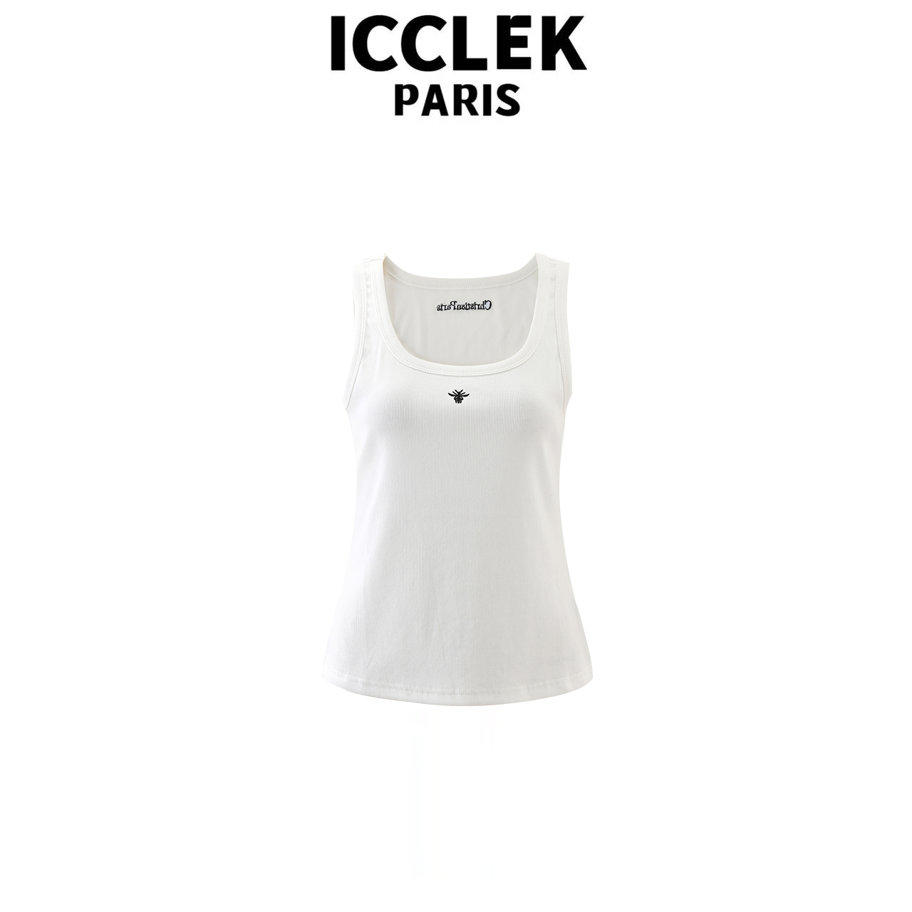 ICCLEK 白色U领背心百搭无袖休闲时尚镂空针织字母背心短袖 -1206