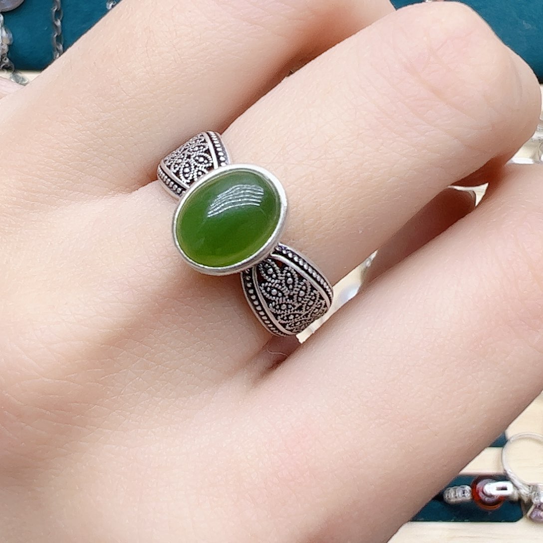 和田玉（碧玉）戒指银S925镶嵌