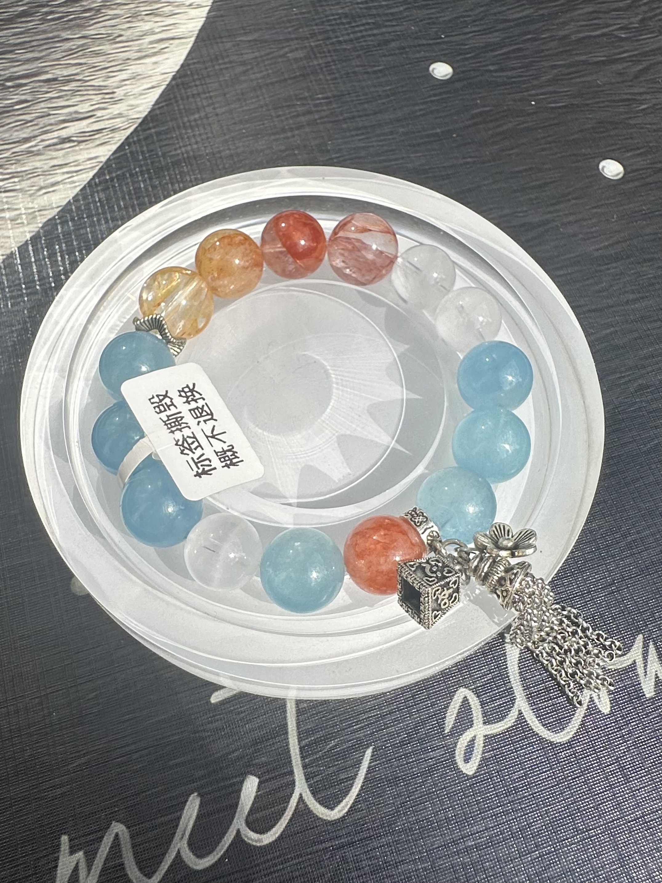 海蓝宝+白幽灵+红胶花 手串 000078