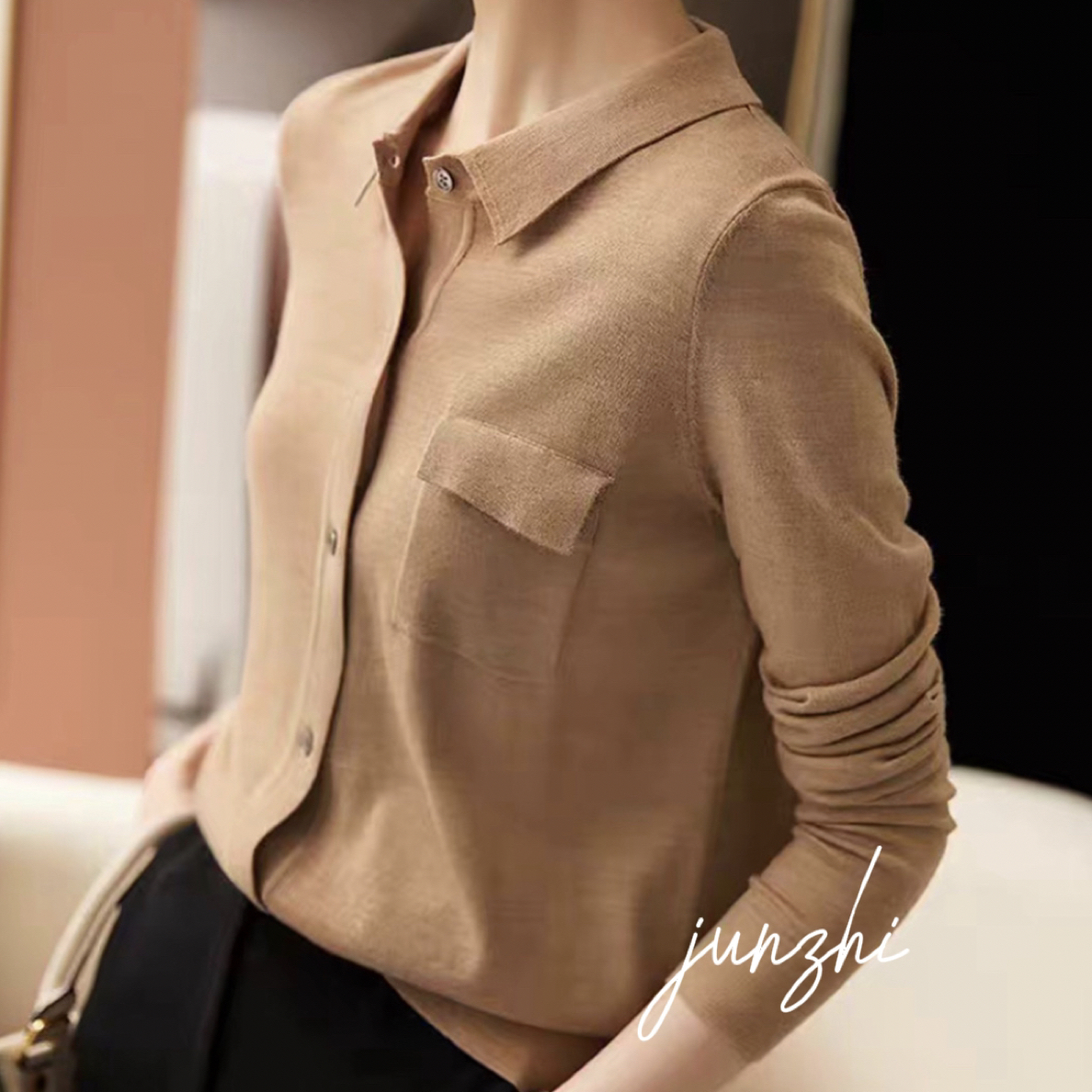 60支18针100%美丽奴秋冬女士Polo领衬衫薄长袖翻领针织上衣内搭