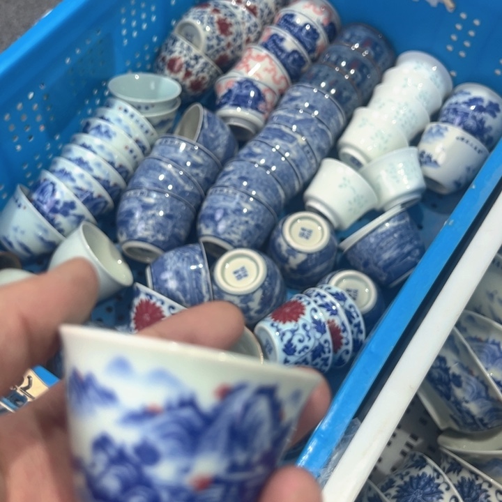 郑***杰瓷片白青花富春山居图斗笠杯发六个