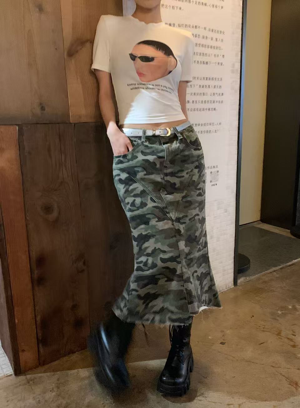 【福利款NO退换】春夏买手店风格迷彩设计感后开叉鱼尾半裙8348