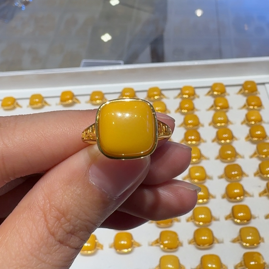 琥珀银S925镀金镶嵌戒指11×11方糖戒指