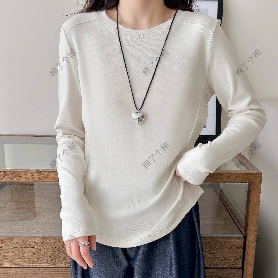 欧货正肩圆领修身鱼骨显瘦春秋女内搭磨毛长袖白色T恤上衣
