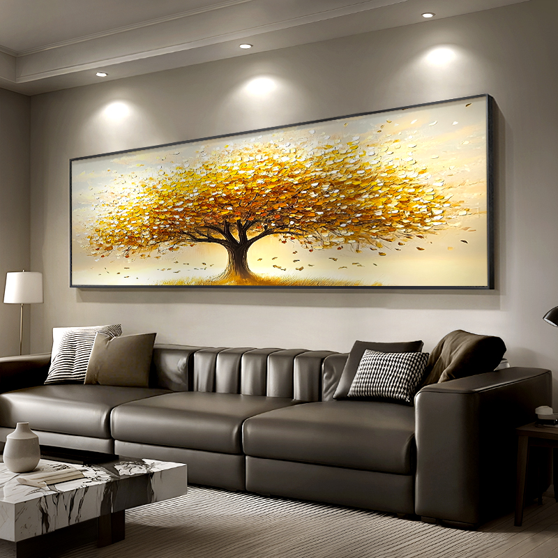 金色发财树手绘油画现代轻奢招财客厅沙发背景墙装饰画挂画