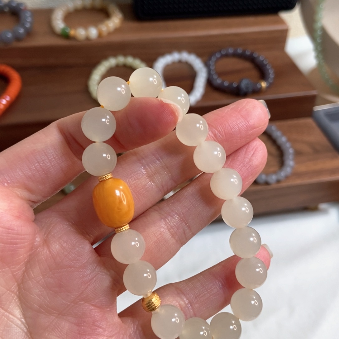 和田玉手链银S925镶嵌蜂蜜水10mm高冰底微猫