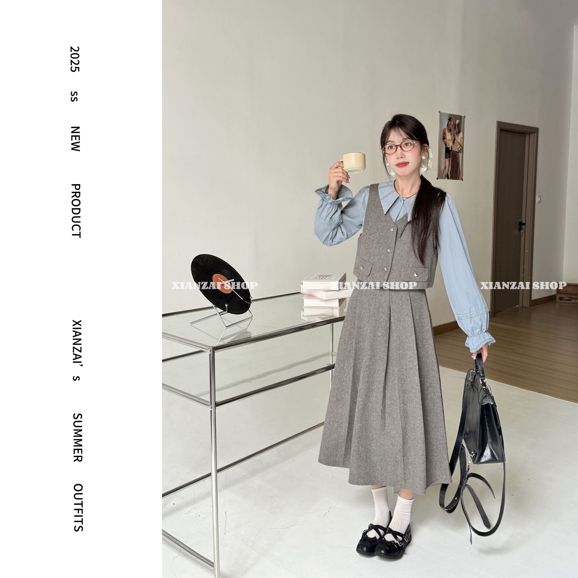 XIANZAI【凛冬恋歌】秋冬反季极简设计感衬衫马甲百褶裙三件套装