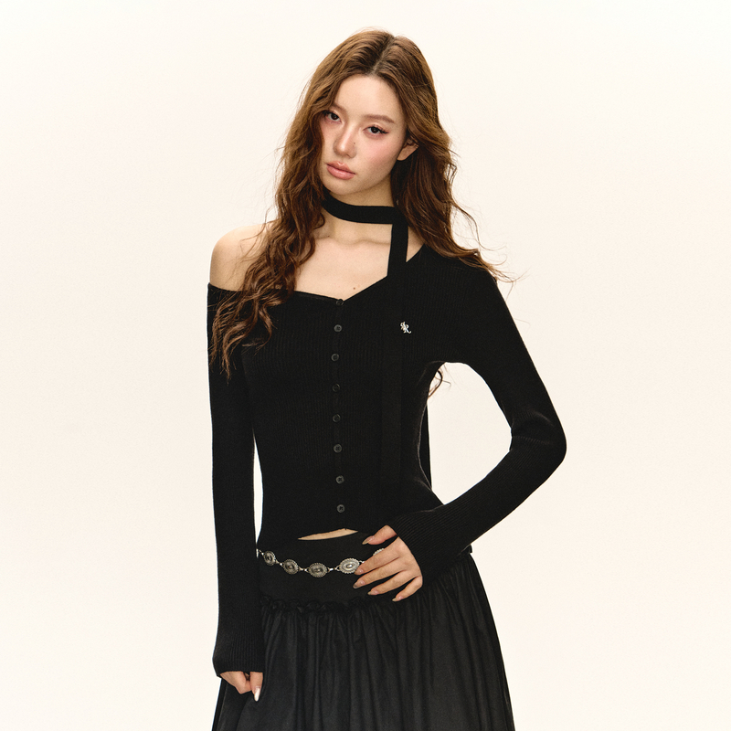 Ariseism 美式复古设计感修身露肩针织开衫女春季新款