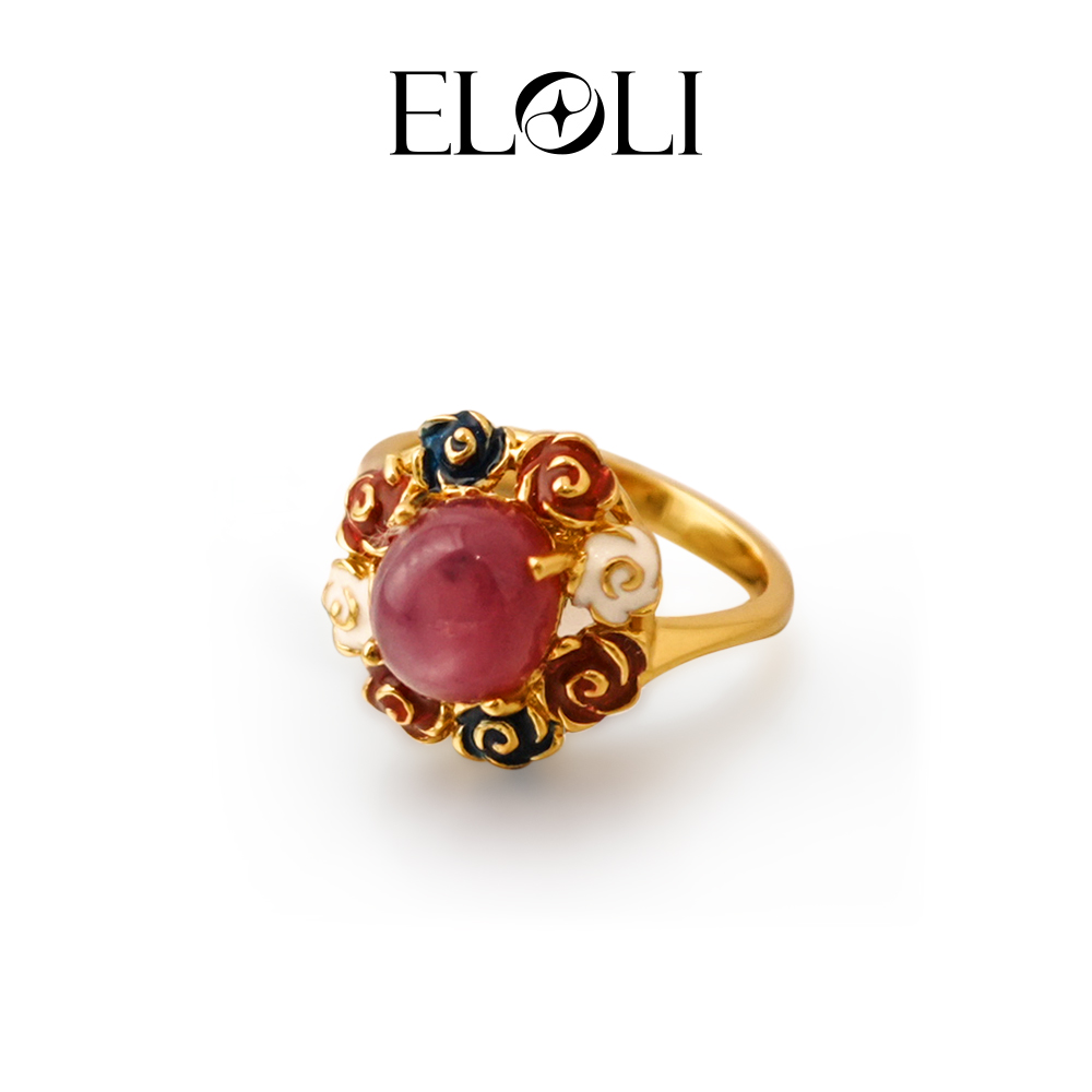 Eloli22K镀金红色彩宝花朵戒指R2698RB 925银