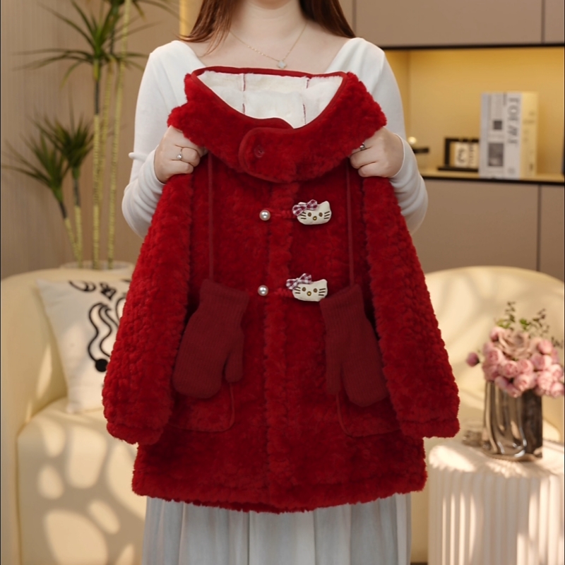 【糖宝魔豆】女童冬装加绒毛毛衣外套新款冬季中长款女孩红色拜年服