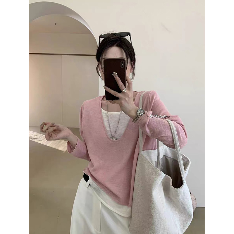 【樱草黄】3829超柔软新款高品质V领假两件针织上衣