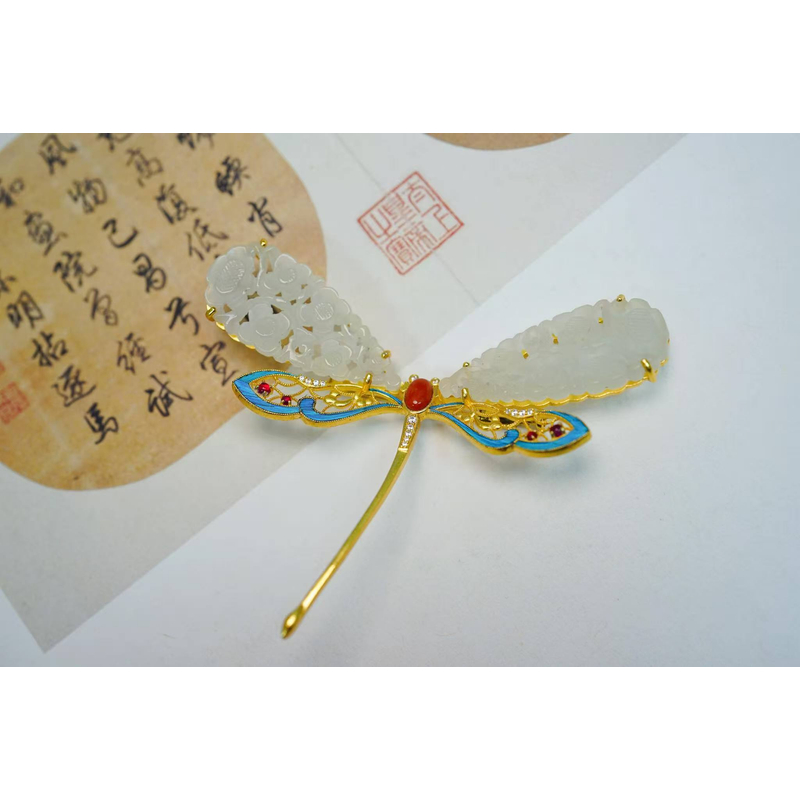 衣锦媚行925银镀金和田玉雕花蜻蜓吊坠XZ3834