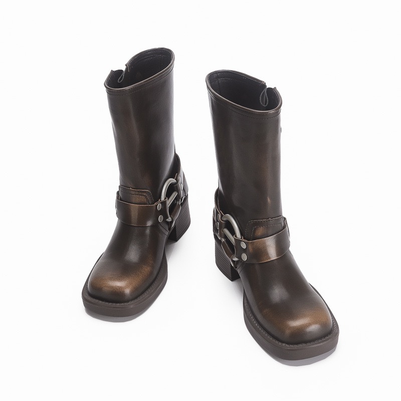 Chill巧儿擦色复古西部牛仔靴骑士靴粗跟短筒烟筒靴