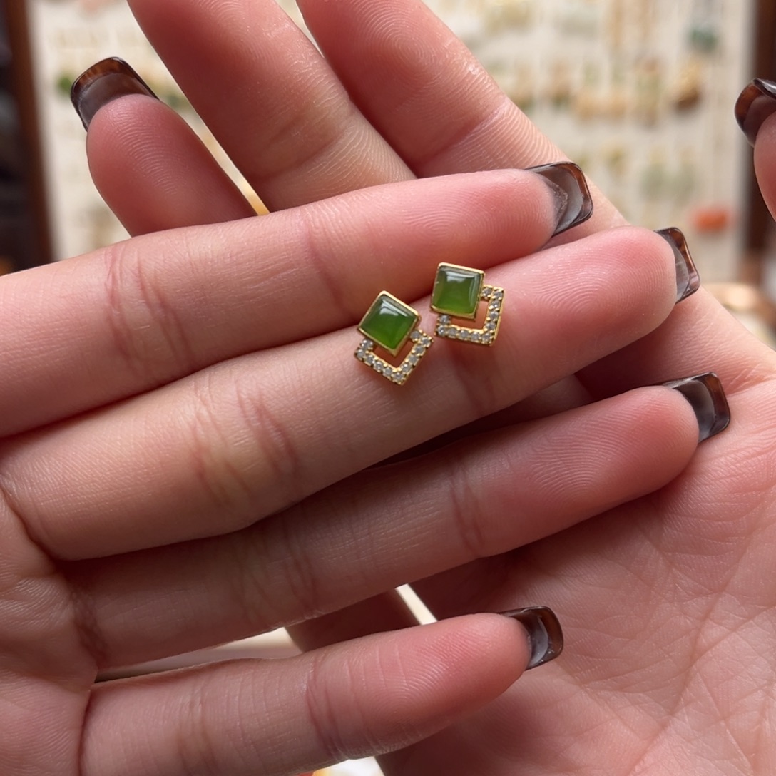 和田玉银S925镀金镶嵌耳饰