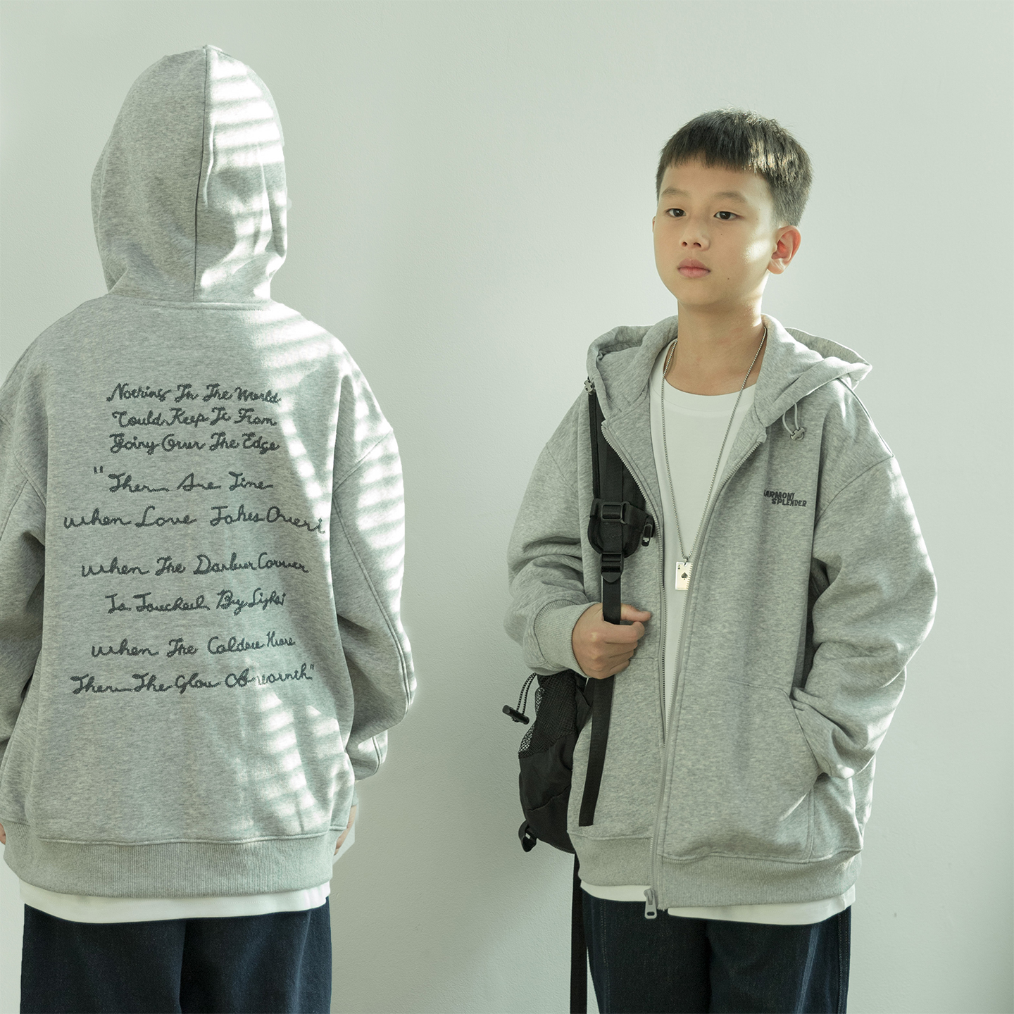 【卡七】儿童灰色刺绣外套中大童宽松连帽衫男女童卫衣开衫