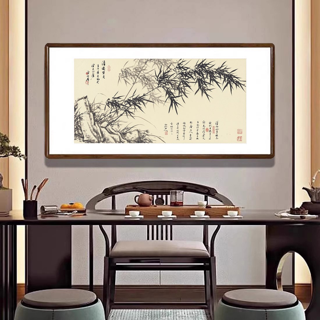 竹子挂画国画水墨画新中式客厅背景墙装饰画茶室书房竹报平安字画