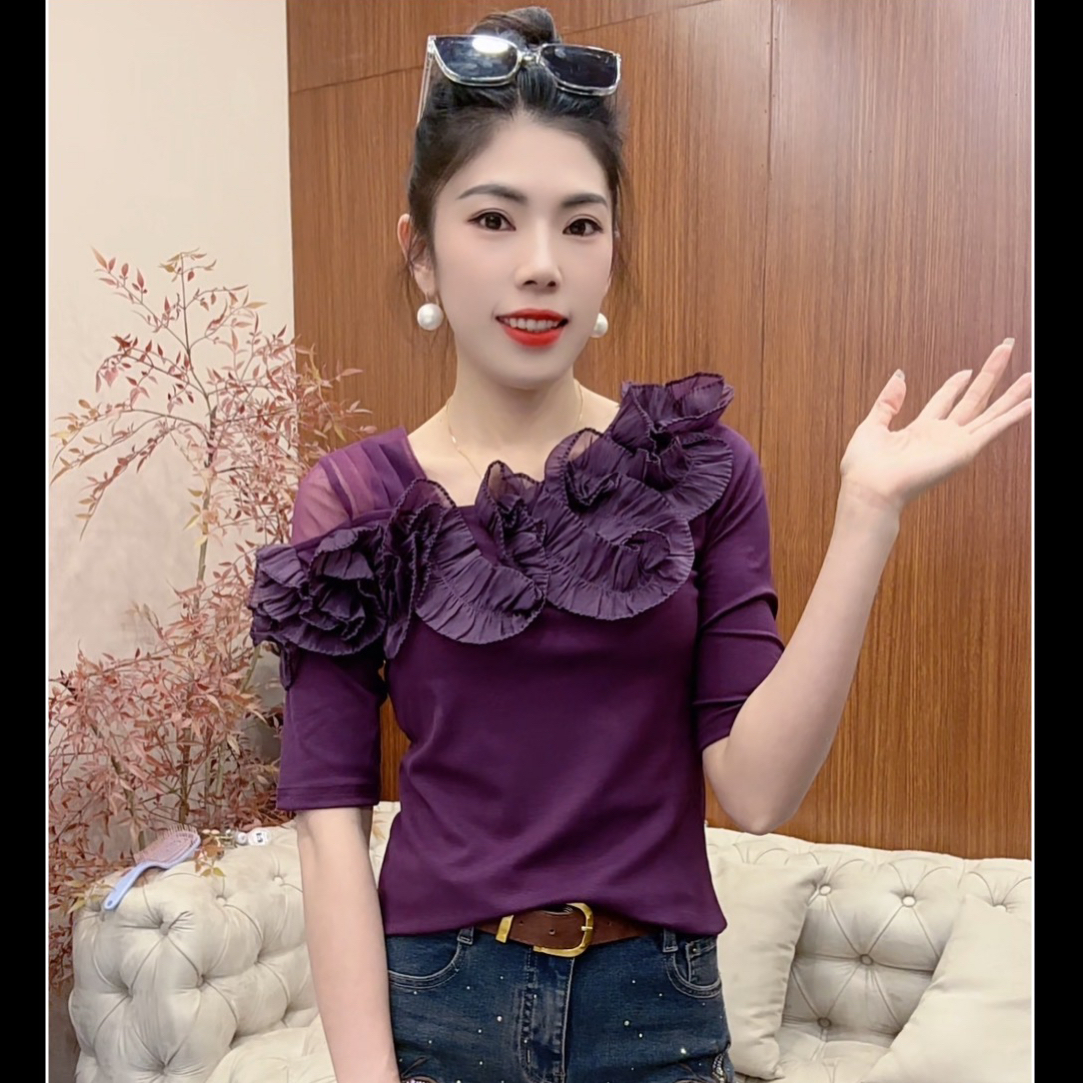 月月家，新款秋季百搭洋气时尚显瘦修身气质短袖上衣6116