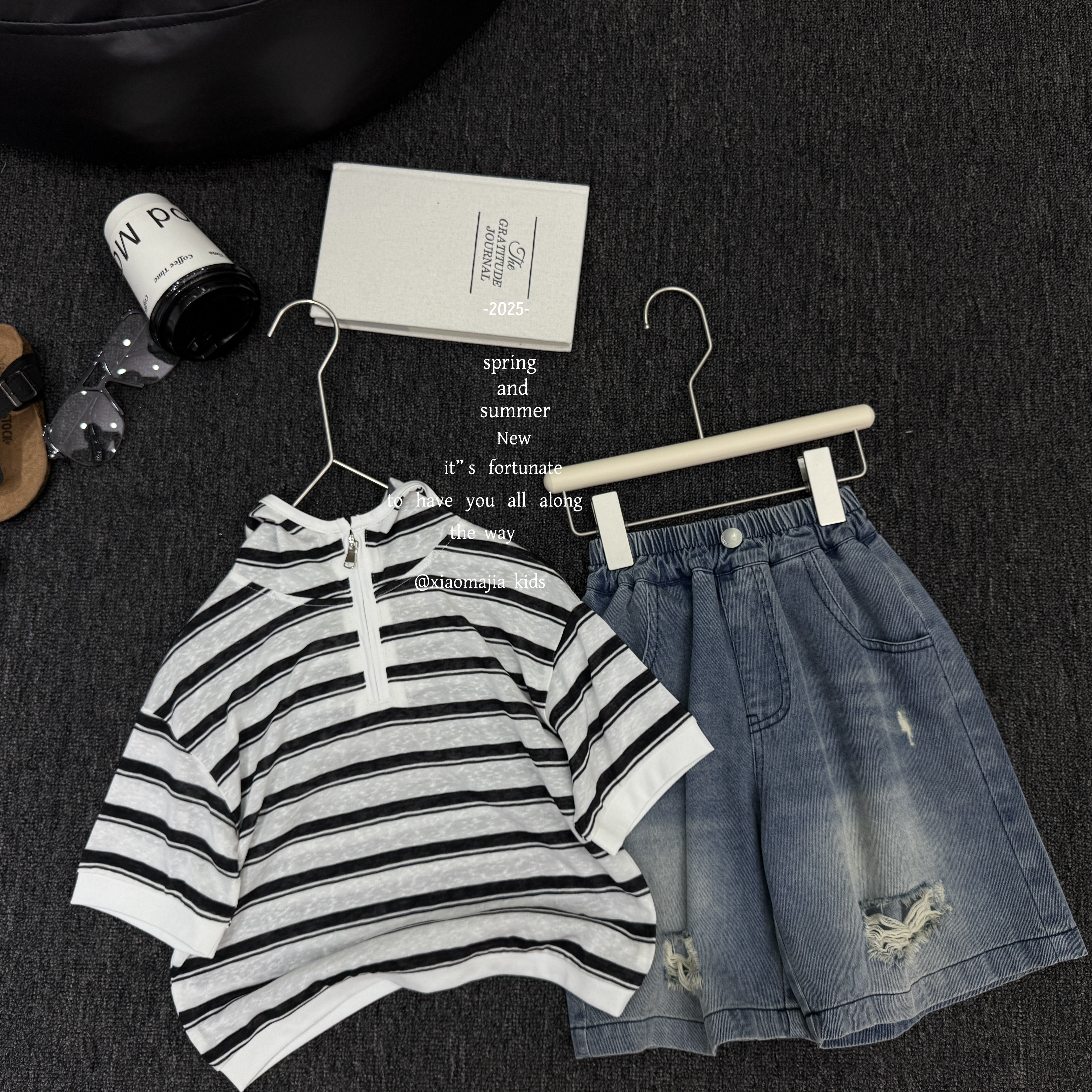 现货-儿童夏季新款连帽条纹T恤D-6091欧若风穿搭休闲宽松男童女童