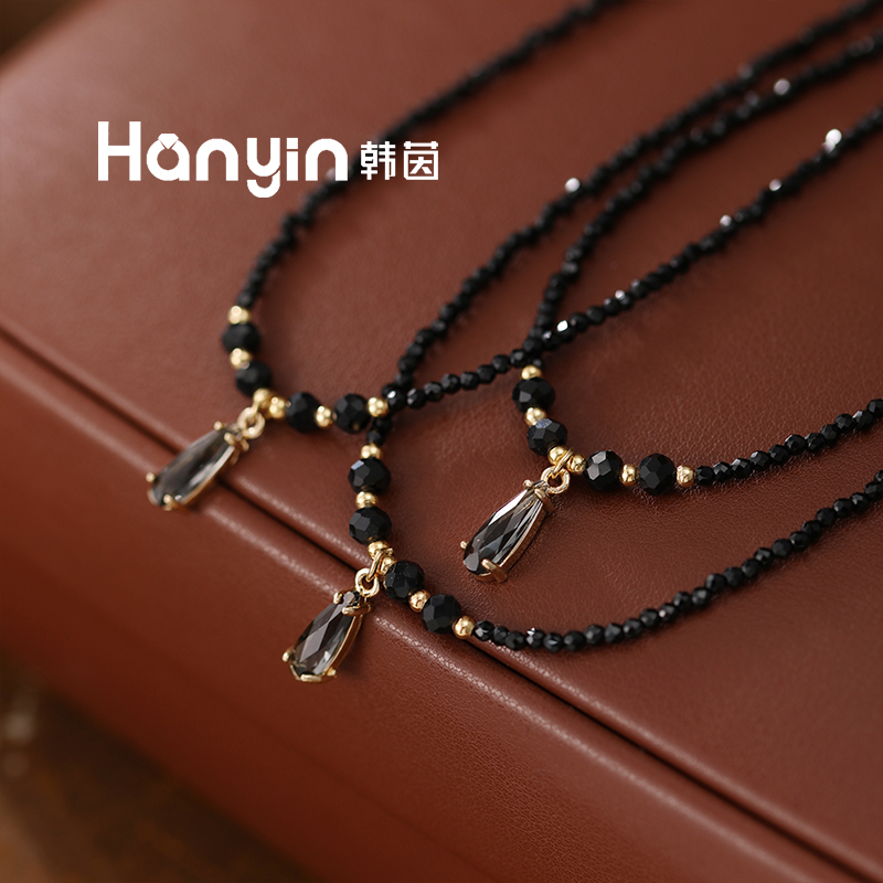 2mm黑尖晶搭配黑水滴千金风宴会优雅不掉色项链