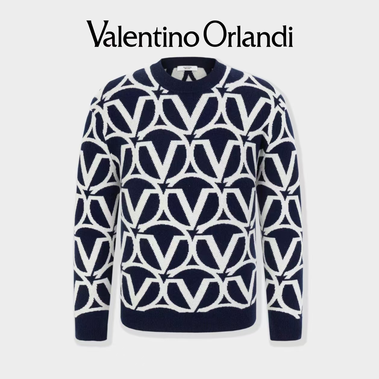 Valentino orlandi男士秋冬B版时尚百搭撞色老花大标绵羊毛羊绒衫