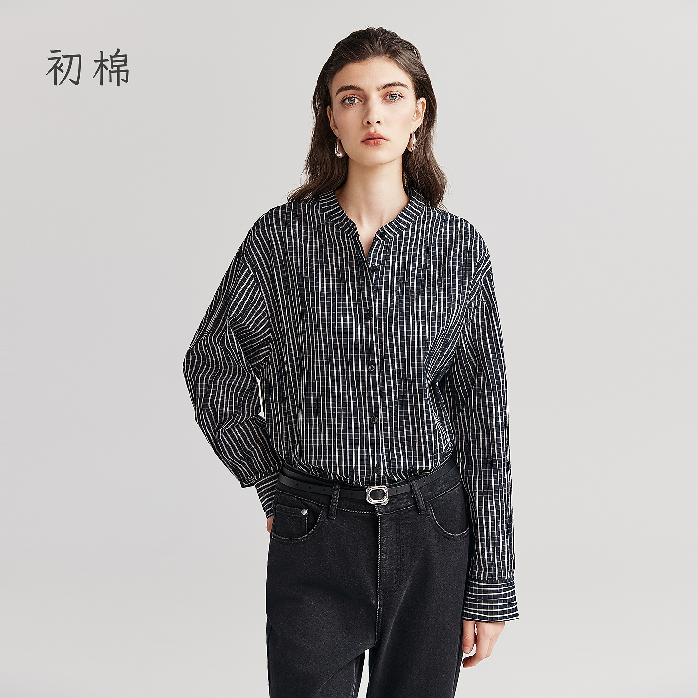 棉仓【初棉】-提花格纹肌理立领衬衫367604006