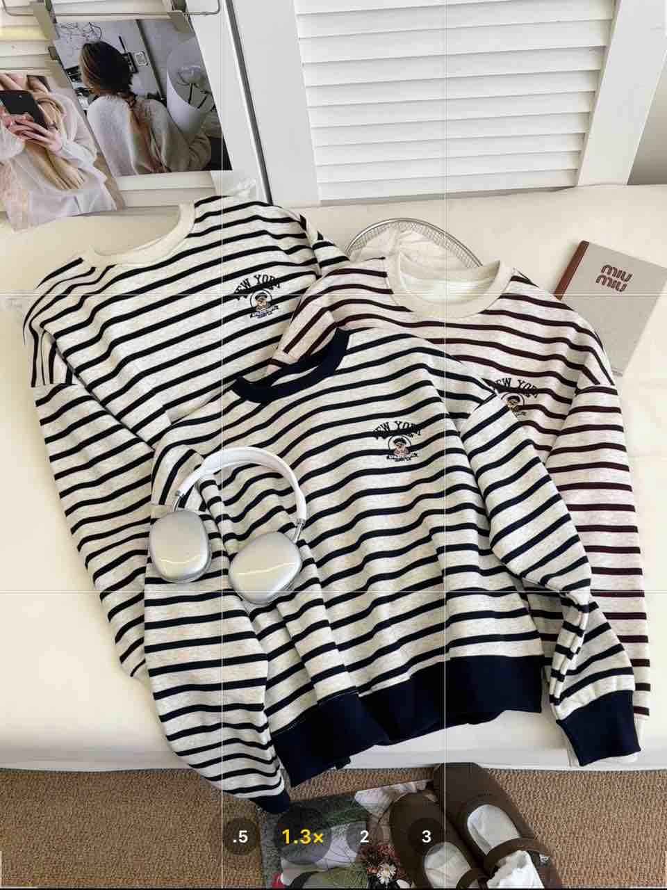 NELL冬款加绒刺绣小熊卫衣条纹圆领宽松长袖洋气上衣休闲百搭
