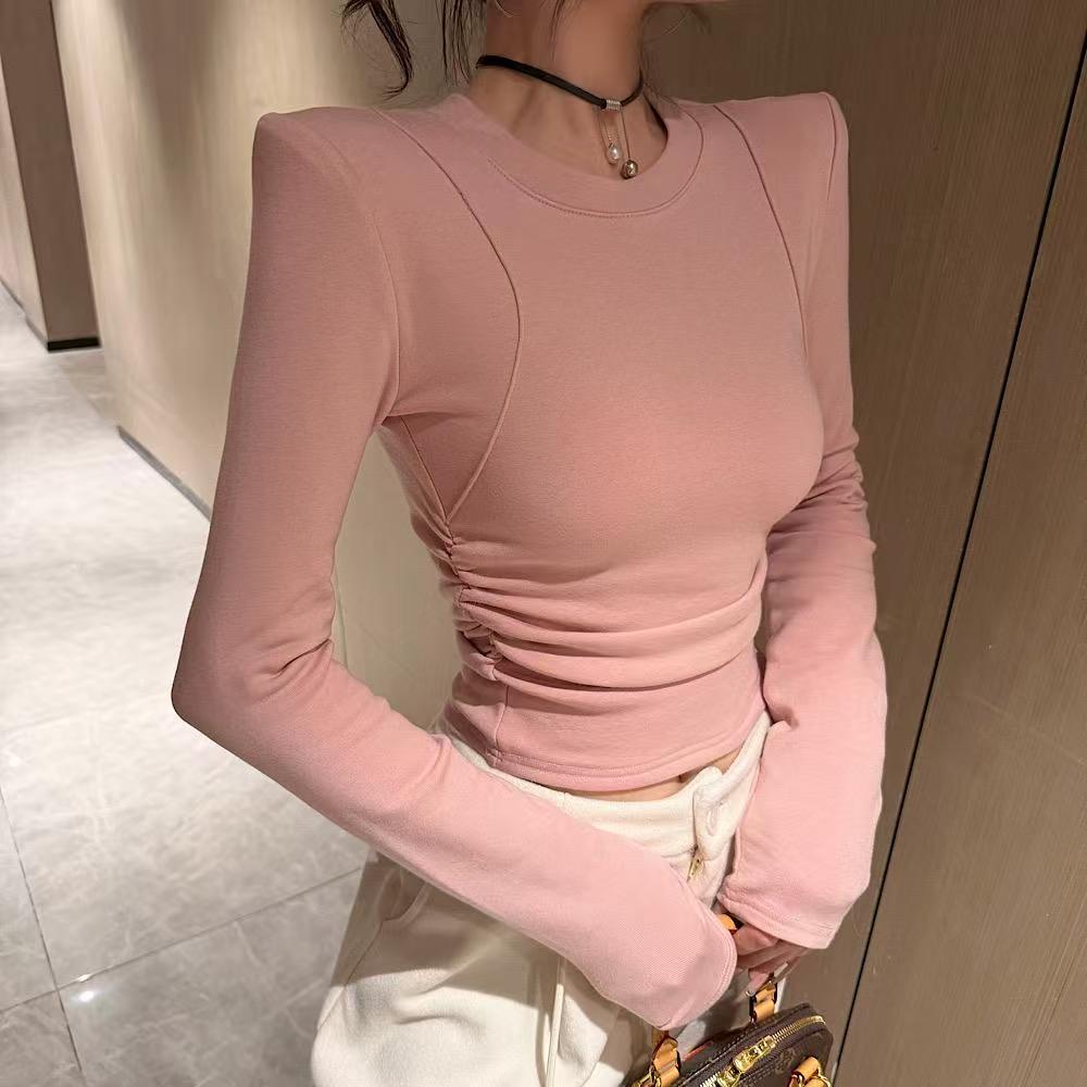 2025年秋冬新款时尚百搭设计感侧打邹鱼骨线显瘦磨毛加绒上衣