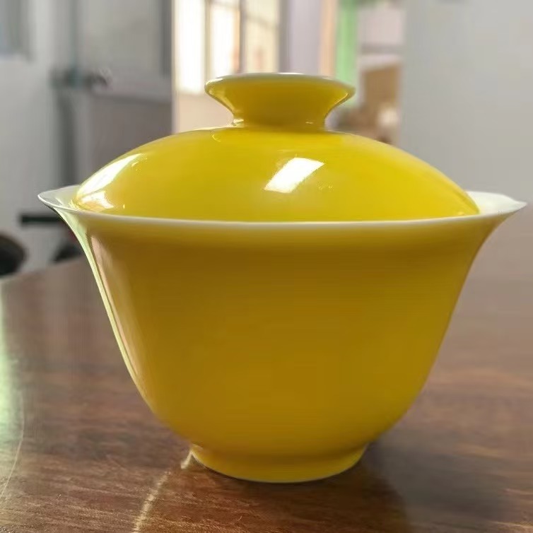 黄色白瓷盖碗-家用茶具