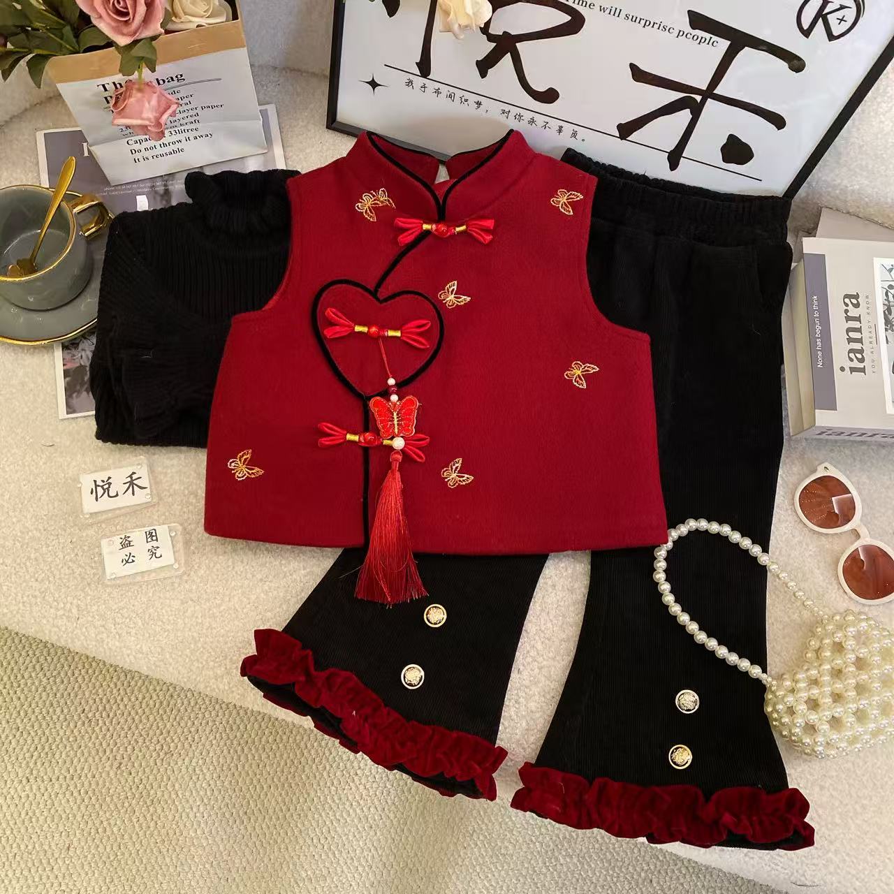 T2【悦禾】萌娃冬装拜年服款加厚女童马甲暖冬国风加绒套装60146