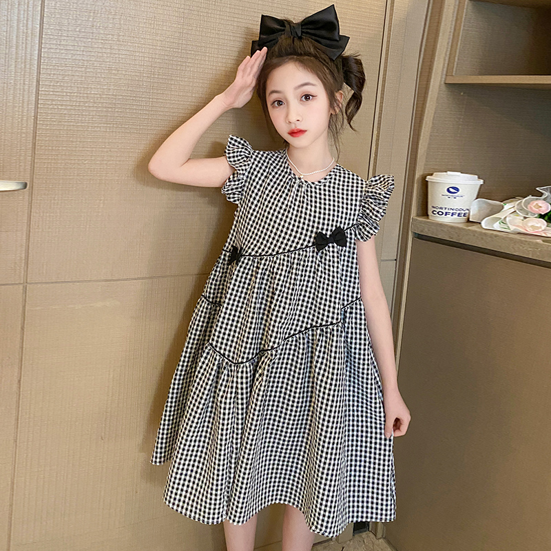 女童连衣裙新款女孩洋气格子裙子儿童可爱公主裙大童飞袖裙子