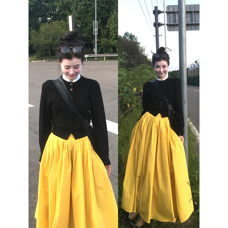 parkyeon早秋季新款黑色长袖针织衫上衣搭配黄色半身裙时尚套装