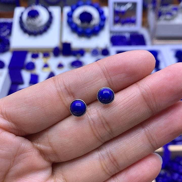 青金石耳钉银S925镶嵌