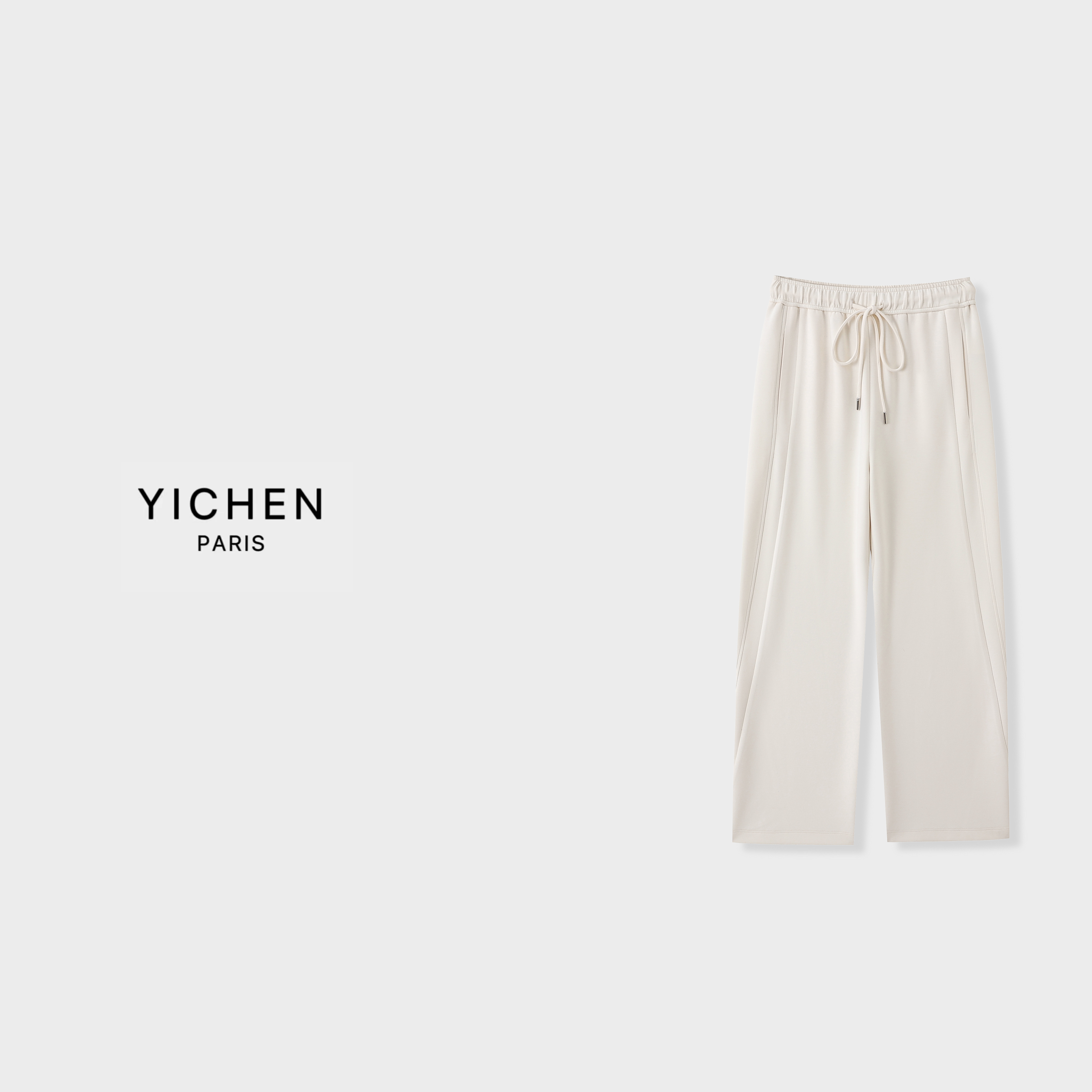 YC 奶油白字母徽标立体裁剪抽绳弯刀裤-3238
