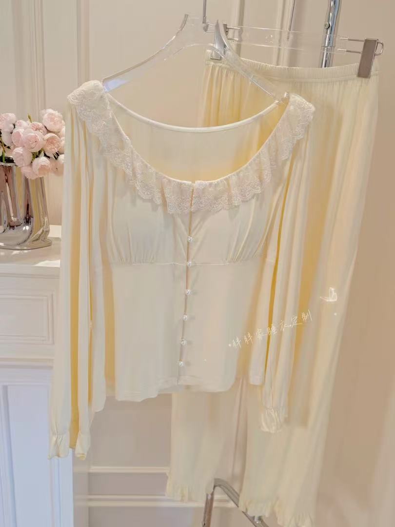 【奶油小蛋糕】秋季睡衣女代尔棉长袖纯欲蕾丝家居服可外穿带胸垫