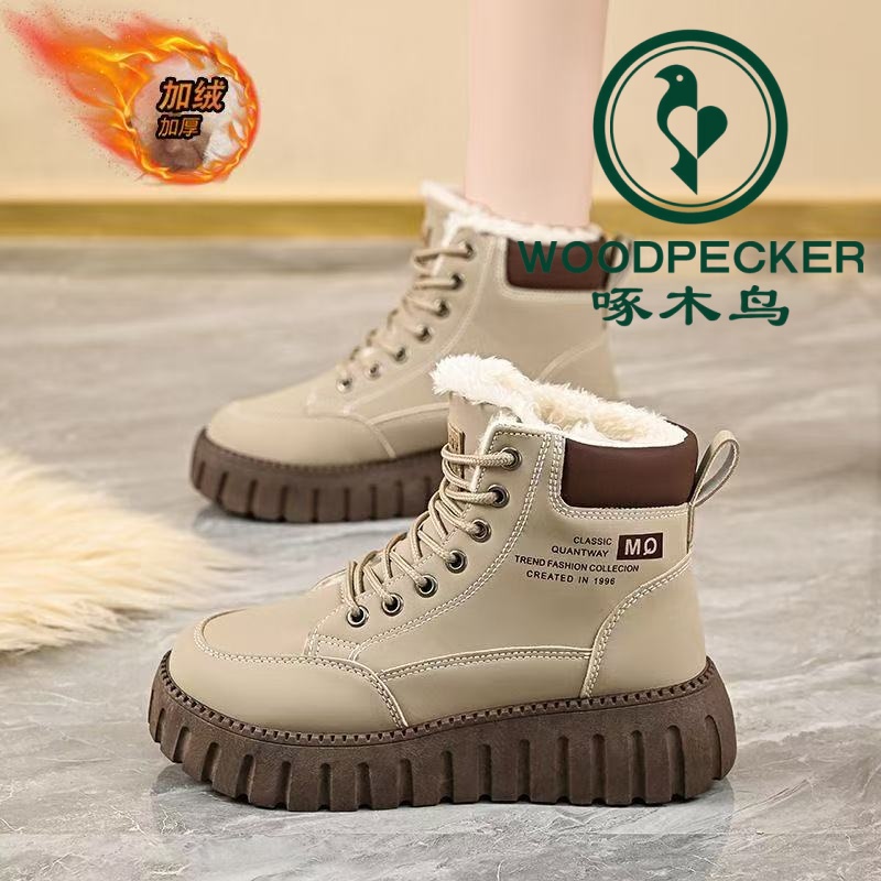 【啄木鸟】2025冬季高帮鞋女低跟休闲风软皮防滑鞋子加绒保暖时尚
