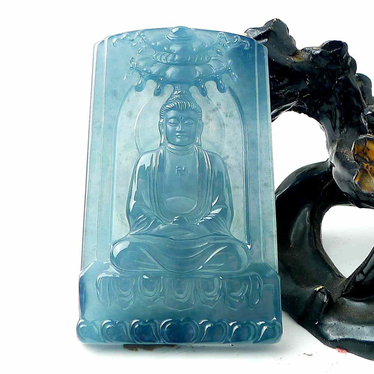 高品质天然A货翡翠玻璃种高冰天空蓝精雕阿弥陀佛吊坠70-43.5-9mm