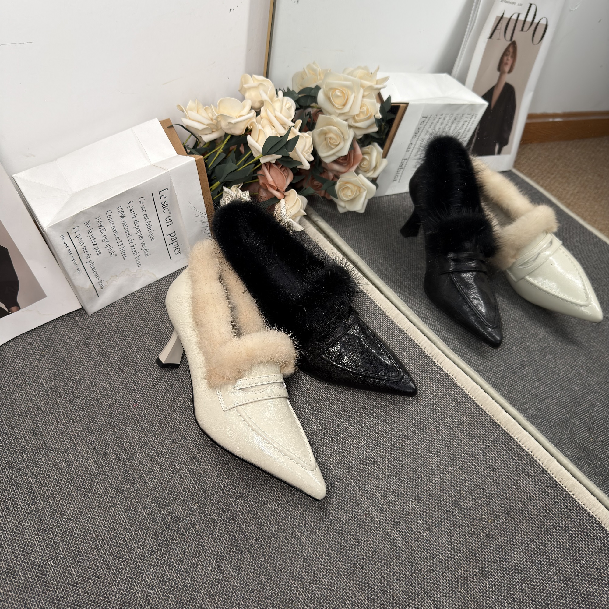 【森莱美】好运加载／毛茸茸细跟牛皮/冬天旗袍专用毛毛鞋子1074