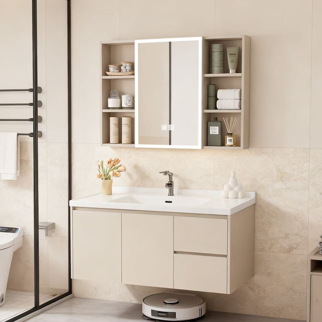 奶油风抽屉款蜂窝铝陶瓷一体盆卫生间浴室柜组合洗漱台洗脸盆