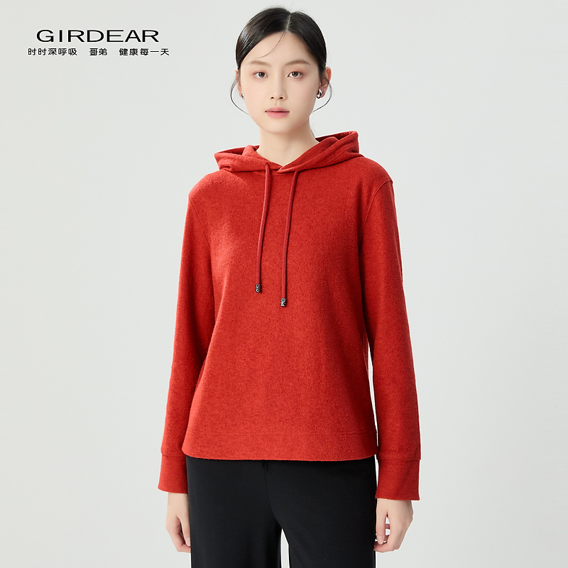 哥弟秋冬新款时尚休闲百搭简约减龄连帽抽绳长袖卫衣女1300918