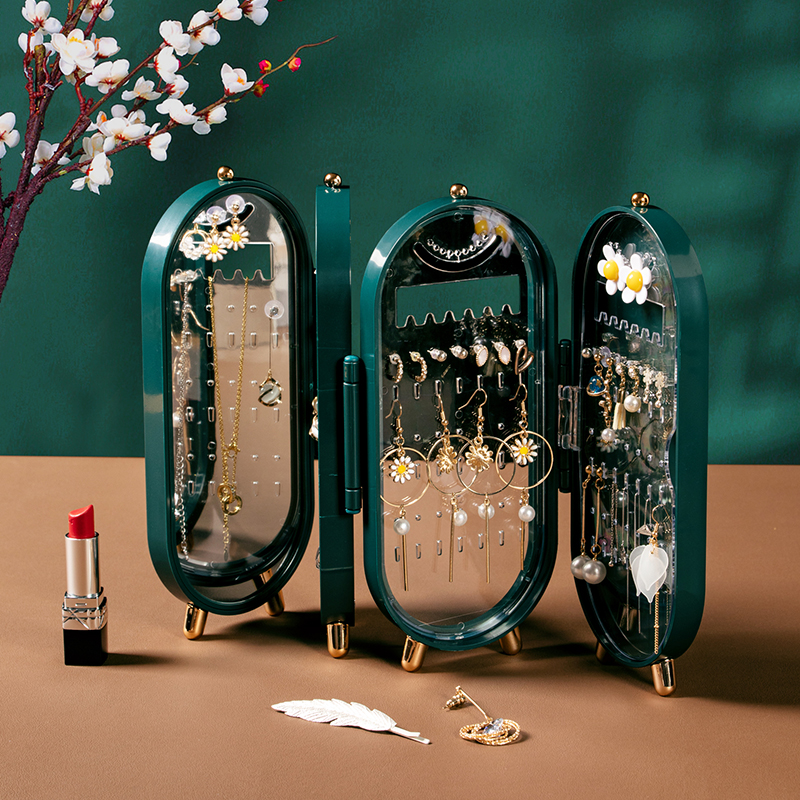 【顺艺直播间】可折叠带镜子首饰收纳盒创意屏风式耳环收纳架防尘