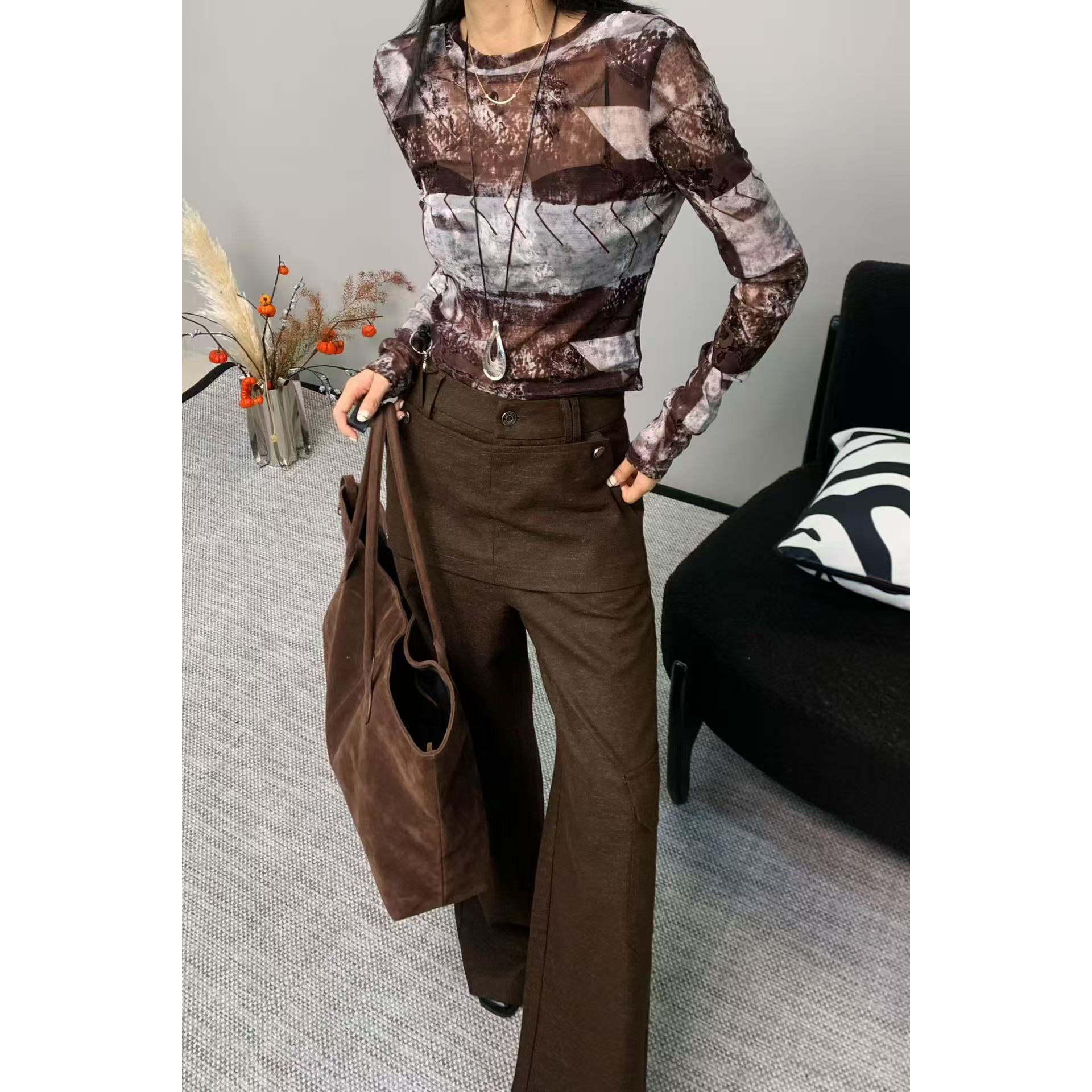 KIKI严选：256811-格格家欧洲站南油秋冬搭片贴袋阔腿裤休闲裤