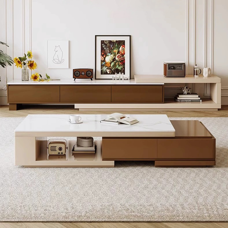 新款原木奶油风客厅家用大小户型高级感岩板伸缩茶几电视柜组合