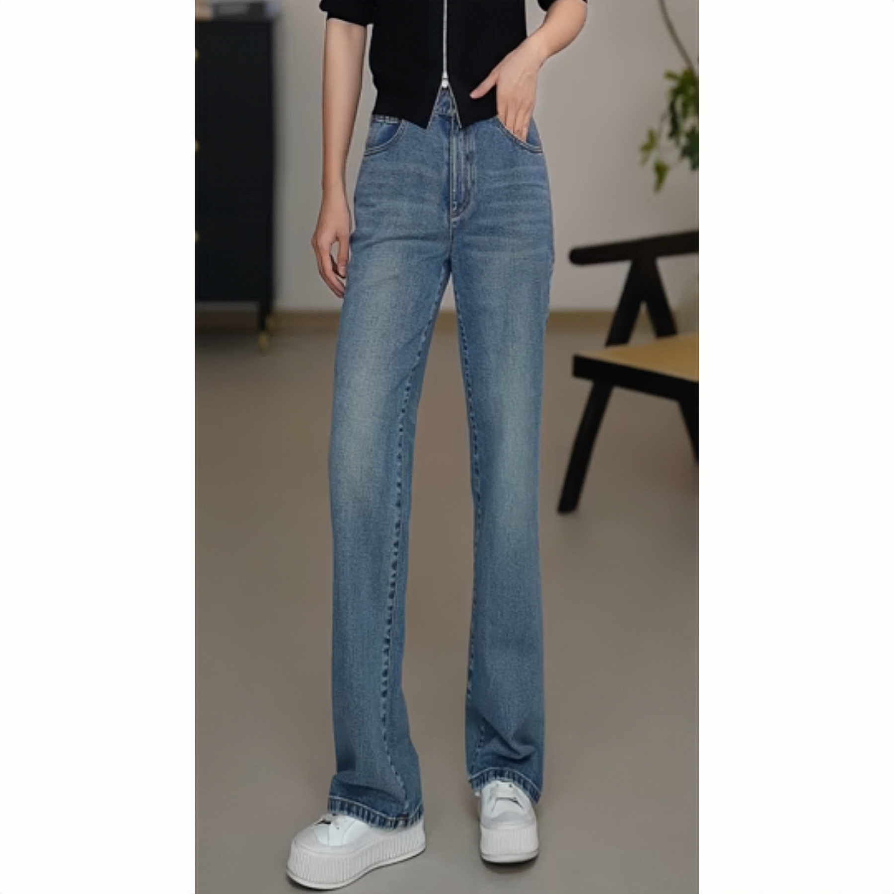 阿玛施【官方正品】新款时尚复古链条砂洗四季理想牛仔裤510011