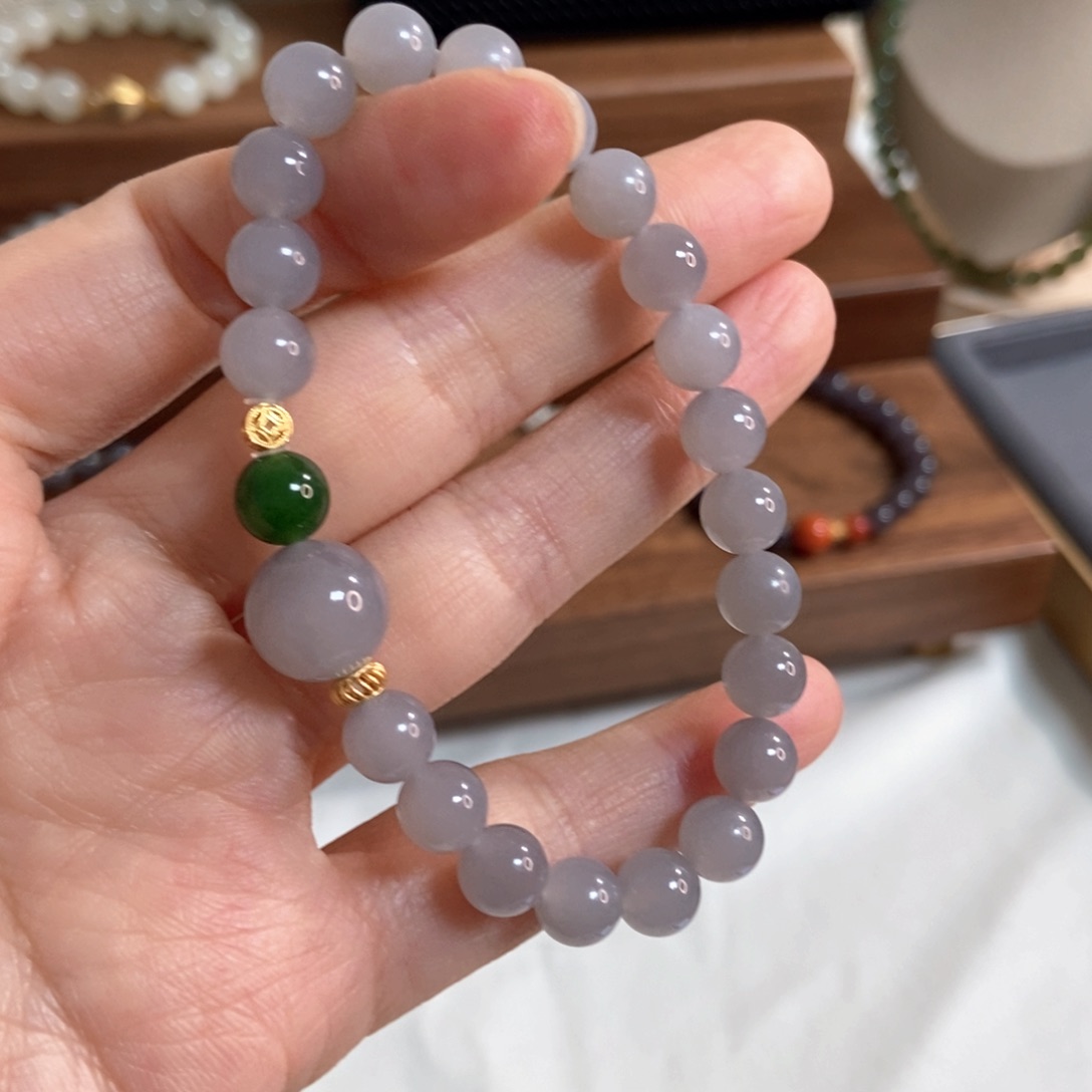 和田玉手链银S925镶嵌8mm冰紫莫兰迪